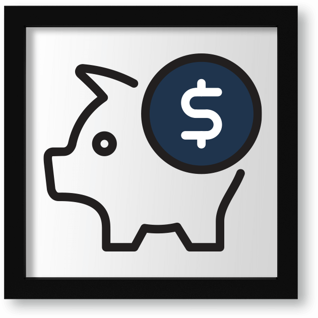 A blue outlined piggy bank with blue money symbol icon in picture frame