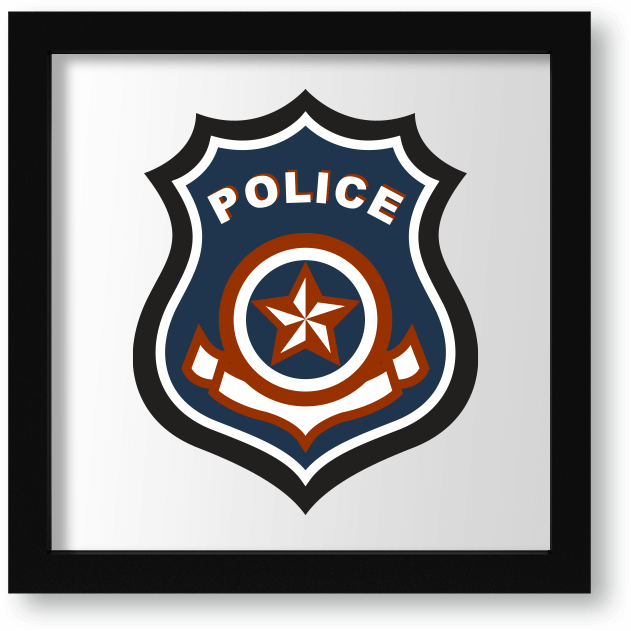 A red, white, and blue graphic outline of a police badge icon in picture frame